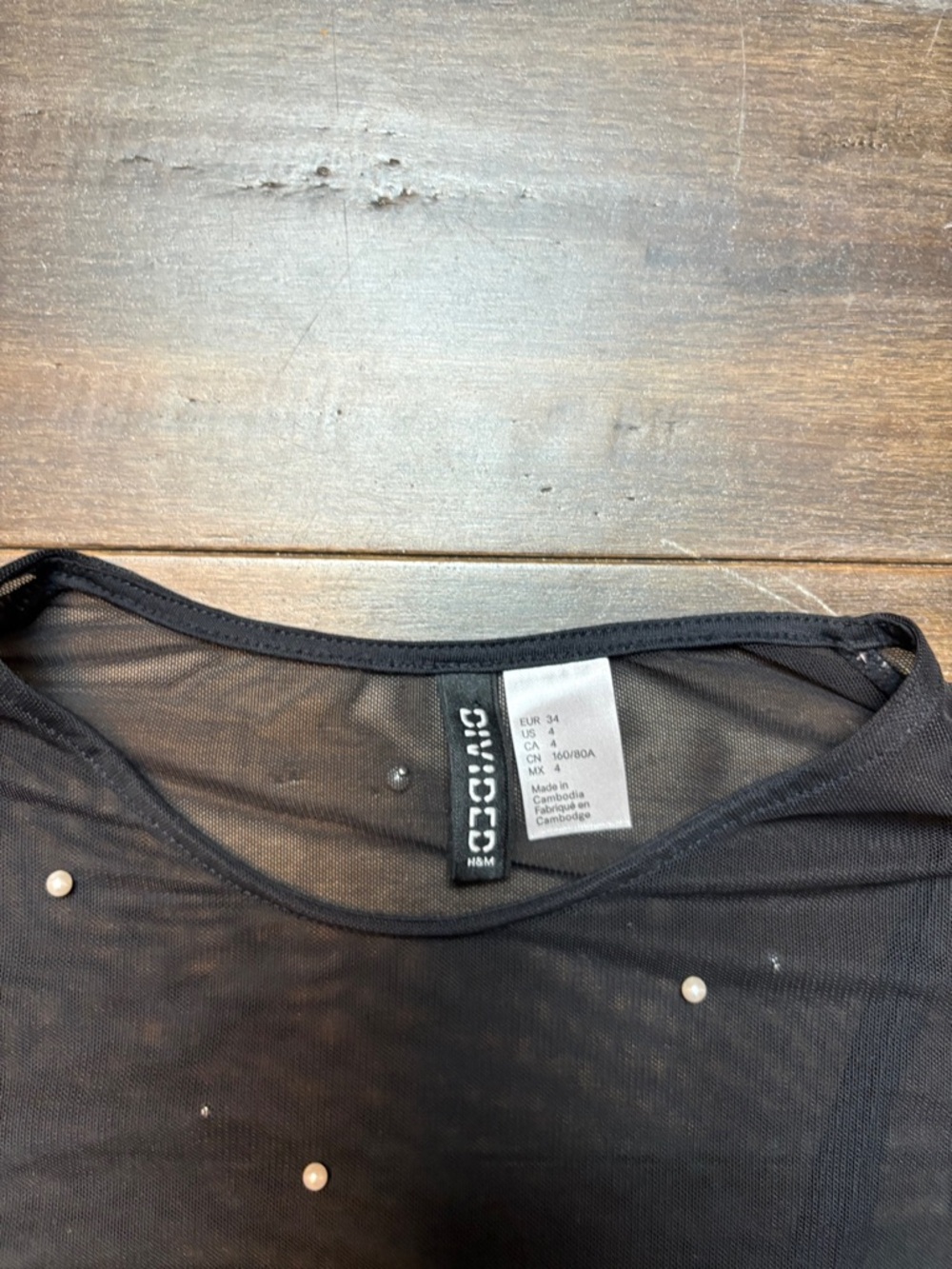 Sz 4 Black Dress Sheer Mesh Pearl Studs & Ruffle Hem, Short sleeve mini bodycon - Picture 2 of 11
